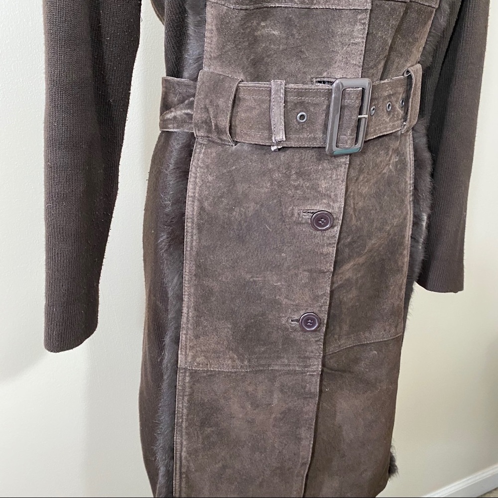 Vintage Brown Suede Sweater Coat Fur Collar Trench Coat M - Picture 8 of 13